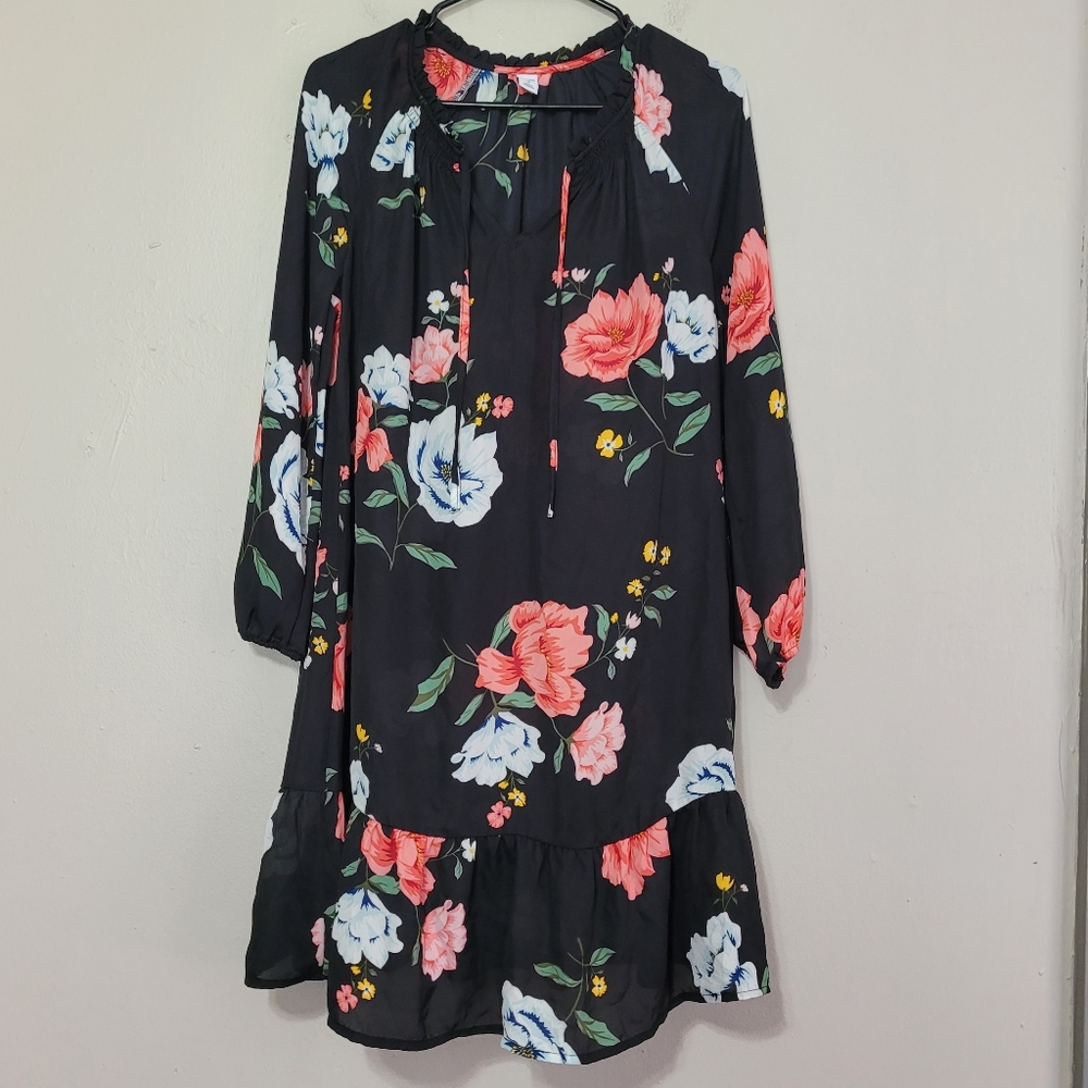 Old Navy Black & Pink Floral Ruffle Midi Dress